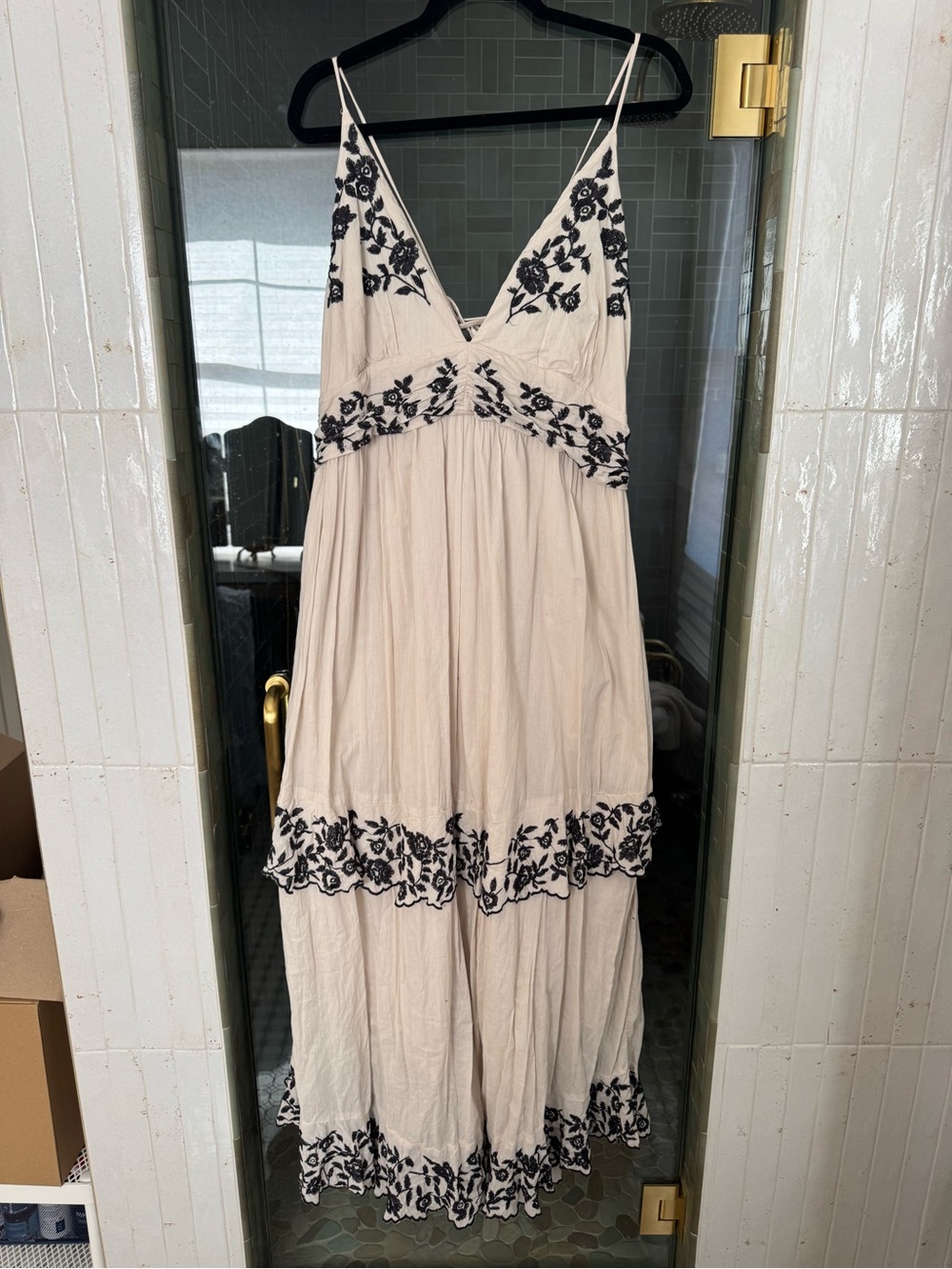 Abercrombie & Fitch Cream Maxi Dress with Black Floral Embroidery